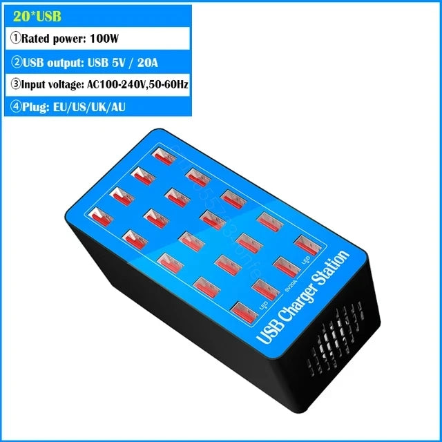 20-Port USB Charging Station 100W – Fast Multi-Device Charger for Phones, Tablets & USB Devices
