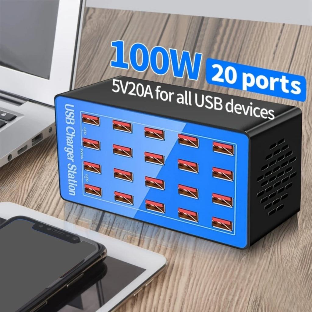 20-Port USB Charging Station 100W – Fast Multi-Device Charger for Phones, Tablets & USB Devices