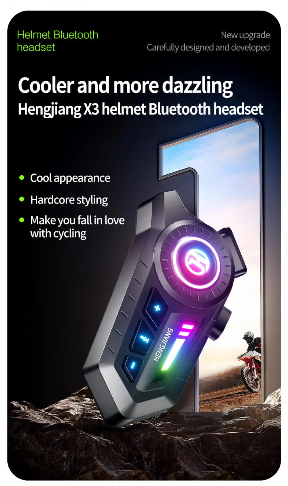Motorcycle Bluetooth 6.0 Helmet Headset – Wireless Hands-Free Audio with Ambient RGB Light